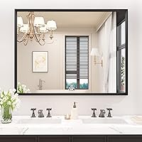 Vista 36 de Espejo de baño negro de 20x30 pulgadas con marco de metal negro, espejo de tocador rectangular redondeado con acabado mate para pared, con vidrio