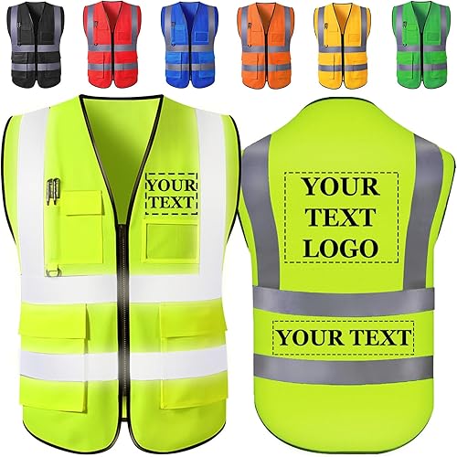 Chaleco de seguridad personalizado con logotipo, texto, nombre, alta visibilidad, bolsillos y cremallera, a granel para mujeres y hombres