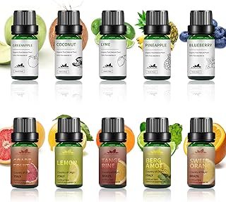 Fruity Essential Oils Set 10x10ml Fruit Essential Oil Starter Kit for Candles Making, Skin, Aromatherapy- Green Apple, Coconut, Pineapple, Blueberry, Grapefruit, Lemon, Tangerine, Bergamot, Orange, Lyme