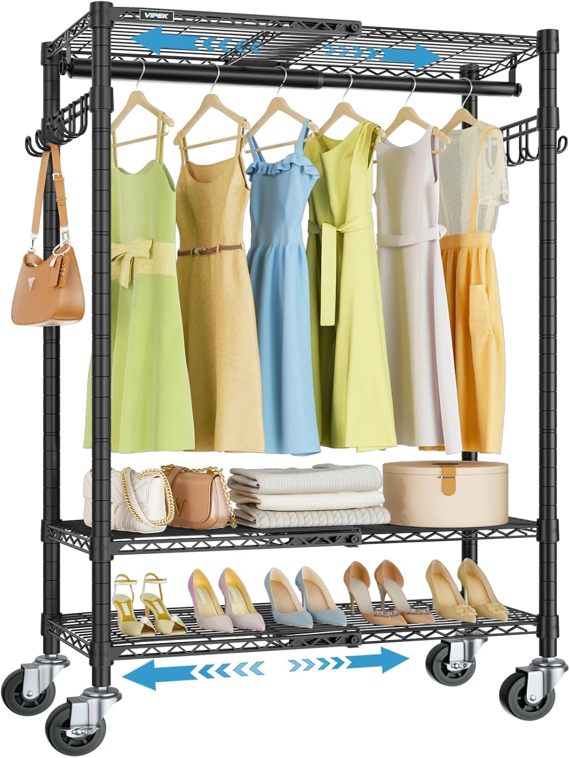 VIPEK R3X Expandable Clothes Rack with Lockable Wheels, 600 lbs Capacity Heavy Duty Rolling Garment Rack with Adjustable Width (2' to 3'5") Shelves, Space-Saving Storage Closet for Small Space (Black)