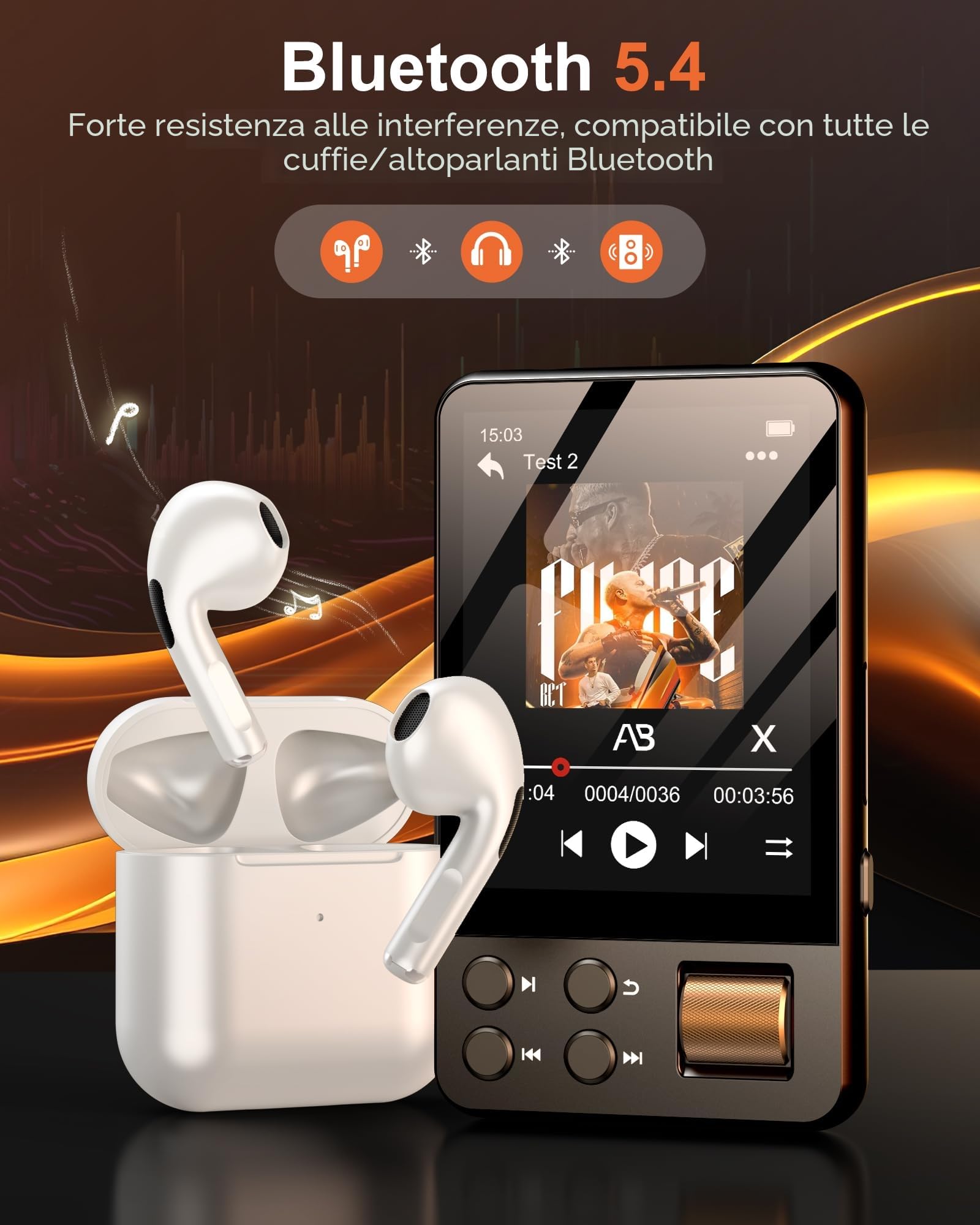 128GB Lettore MP3 Bluetooth, MP3 Lettore Musicale con Cuffie, Dittafono, Suono HiFi, Schermo a Colori da 2,4 Polliciideale per Sport, Nero