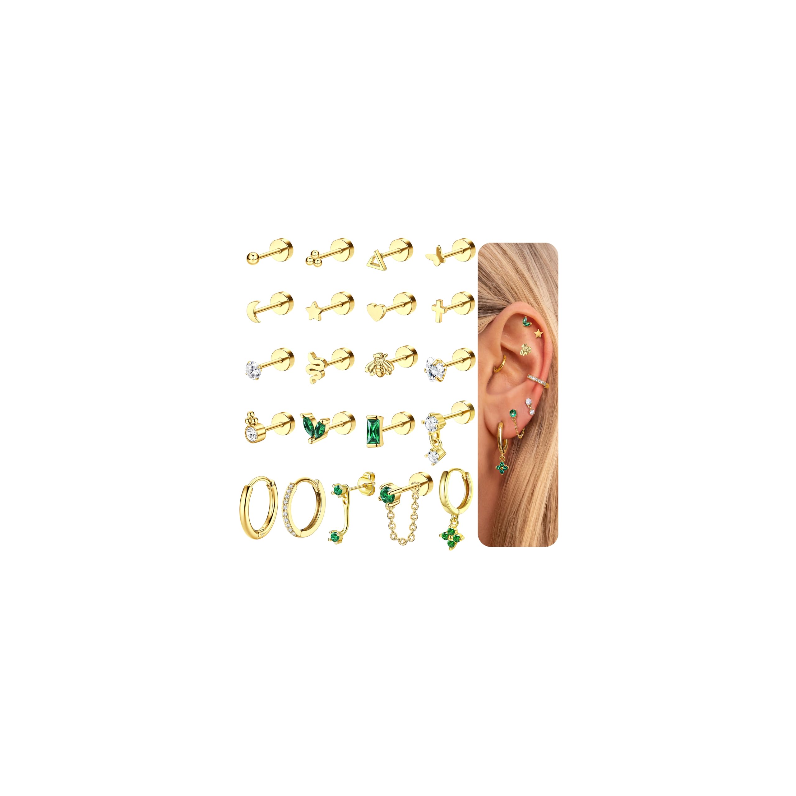 JeweBella 21PCS Helix Piercings Chirurgenstahl Medizinische Ohrstecker Damen Piercing Ohr Gold Klein Knorpel Ohrringe Creolen Silber Conch Tragus Helix Piercings Ohrringe Set für Mehrere Ohrlöcher
