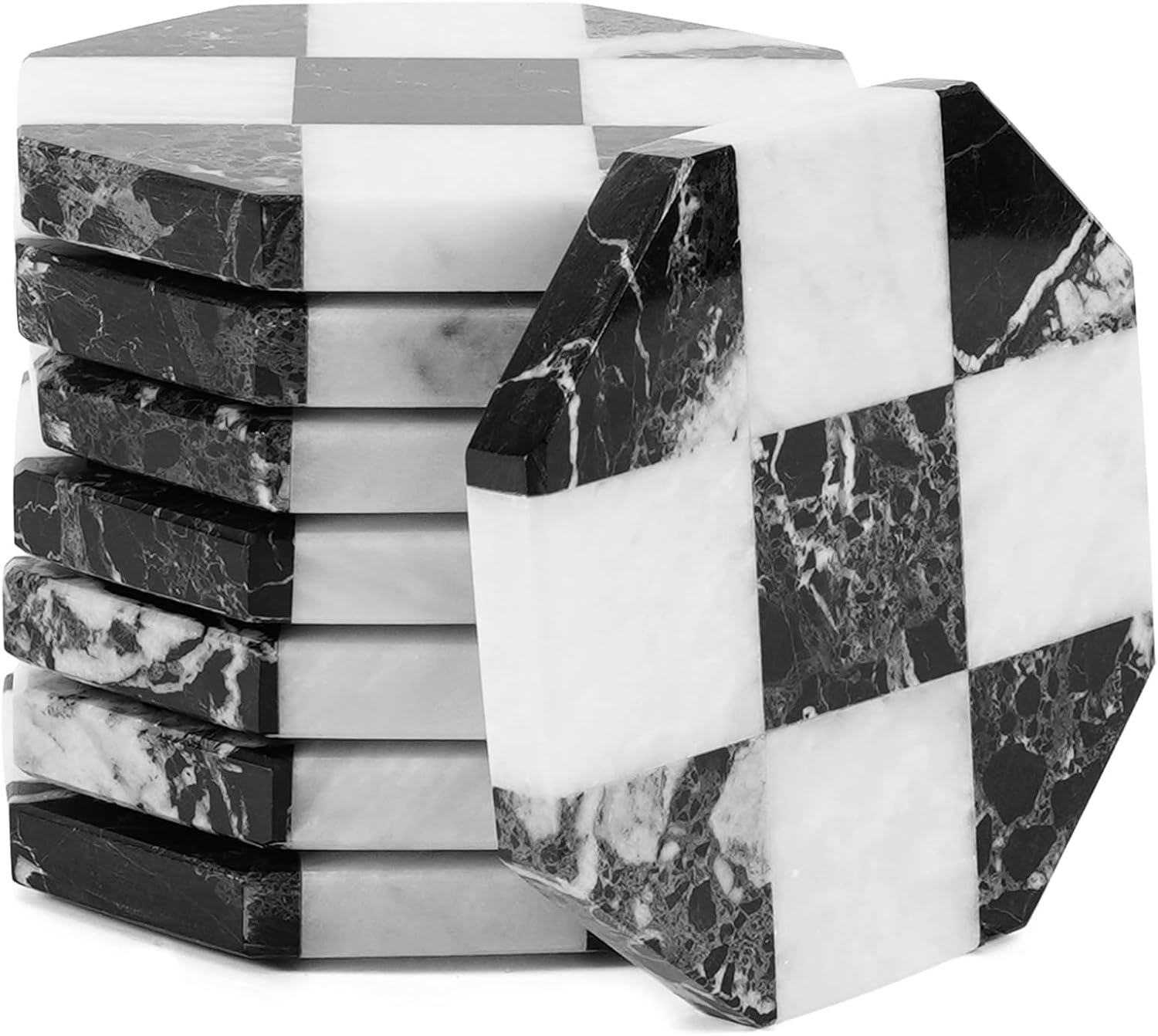 Handmade Marble Coasters Set of 8, Zebra Black & Green 4 inch Natural Stone Drink Coasters, Elegant Table Protection for Kitchen, Dining & Home
