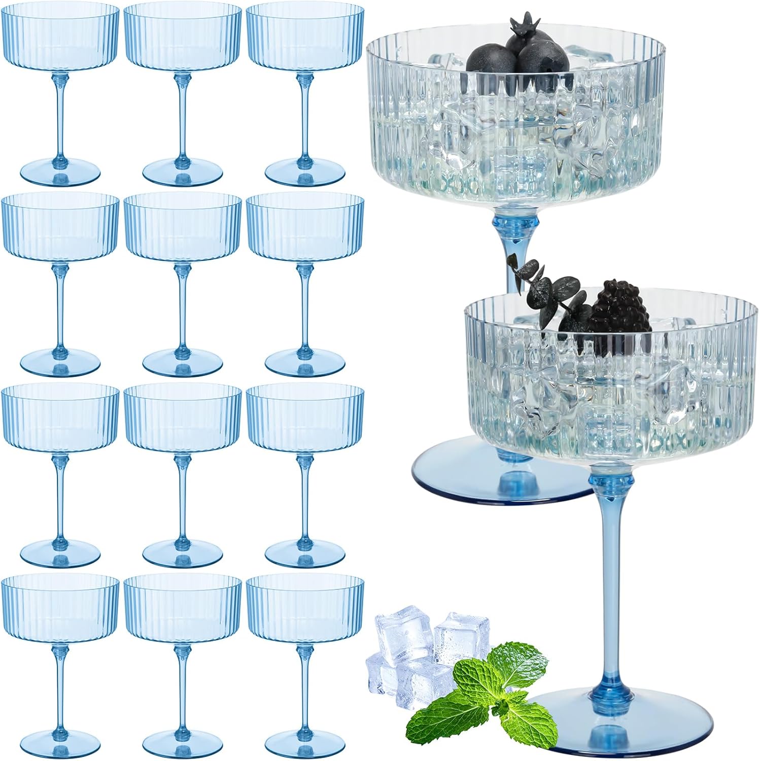 12 Pcs Ribbed Martini Glasses 10 oz Disposable Plastic Vintage Ribbed Coupe Glasses Unbreakable Dessert Parfait Glassware for Wedding Birthday Party Supplies (Blue)
