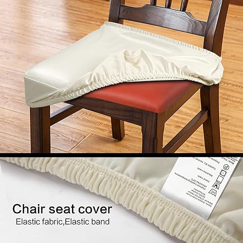 Miniatura 3 de YISUN Fundas para sillas de comedor, de piel sintética sólida, impermeable y a prueba de aceite, elásticas para sillas de comedor (beige, 4 juegos)