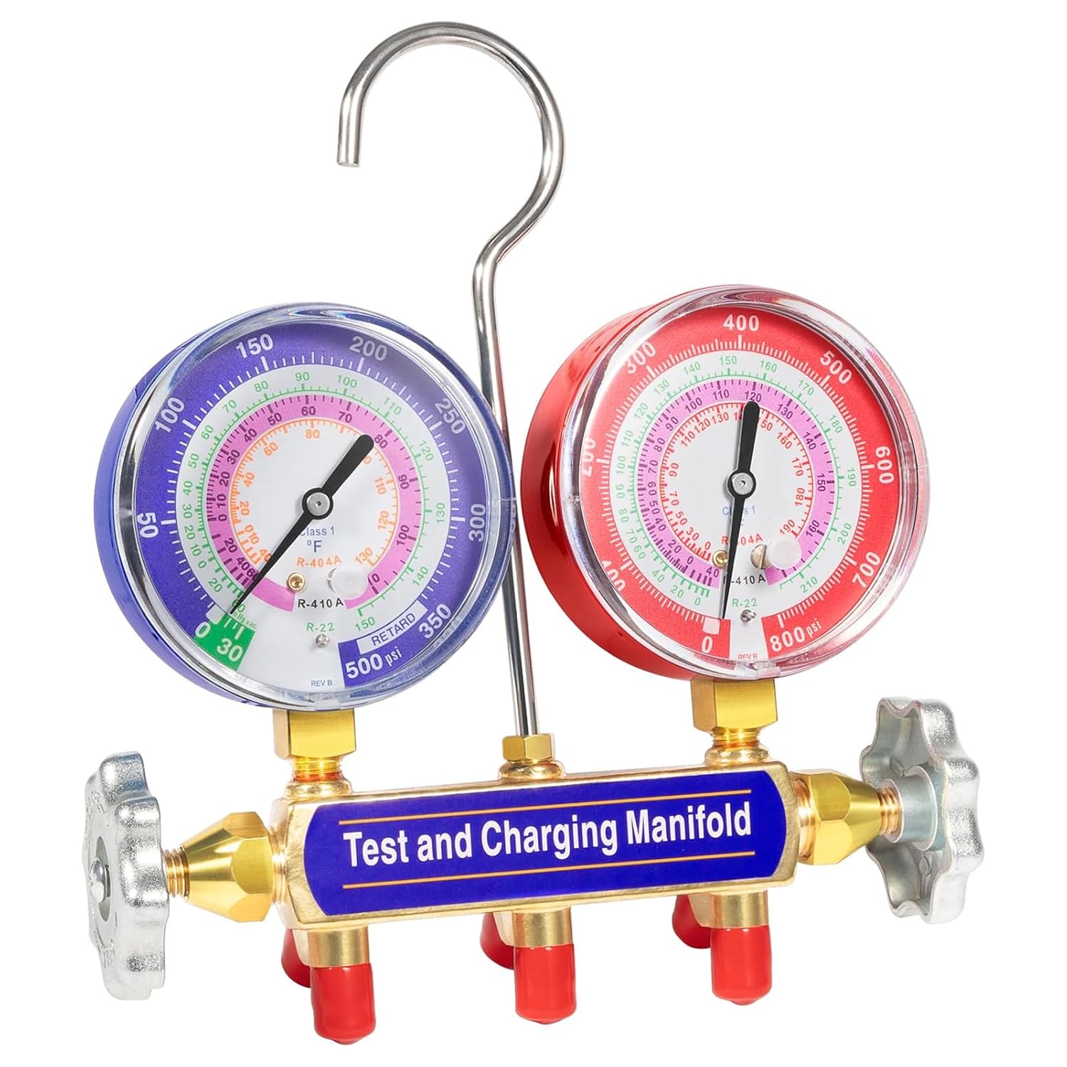 42001 Charging Manifold and Test, 2-Valve, A/C Manifold Gauge Tool Set, with 3-1/8" Large Double Gauge, Fit for Refrigerant Type R-22/R-404A/R-410A