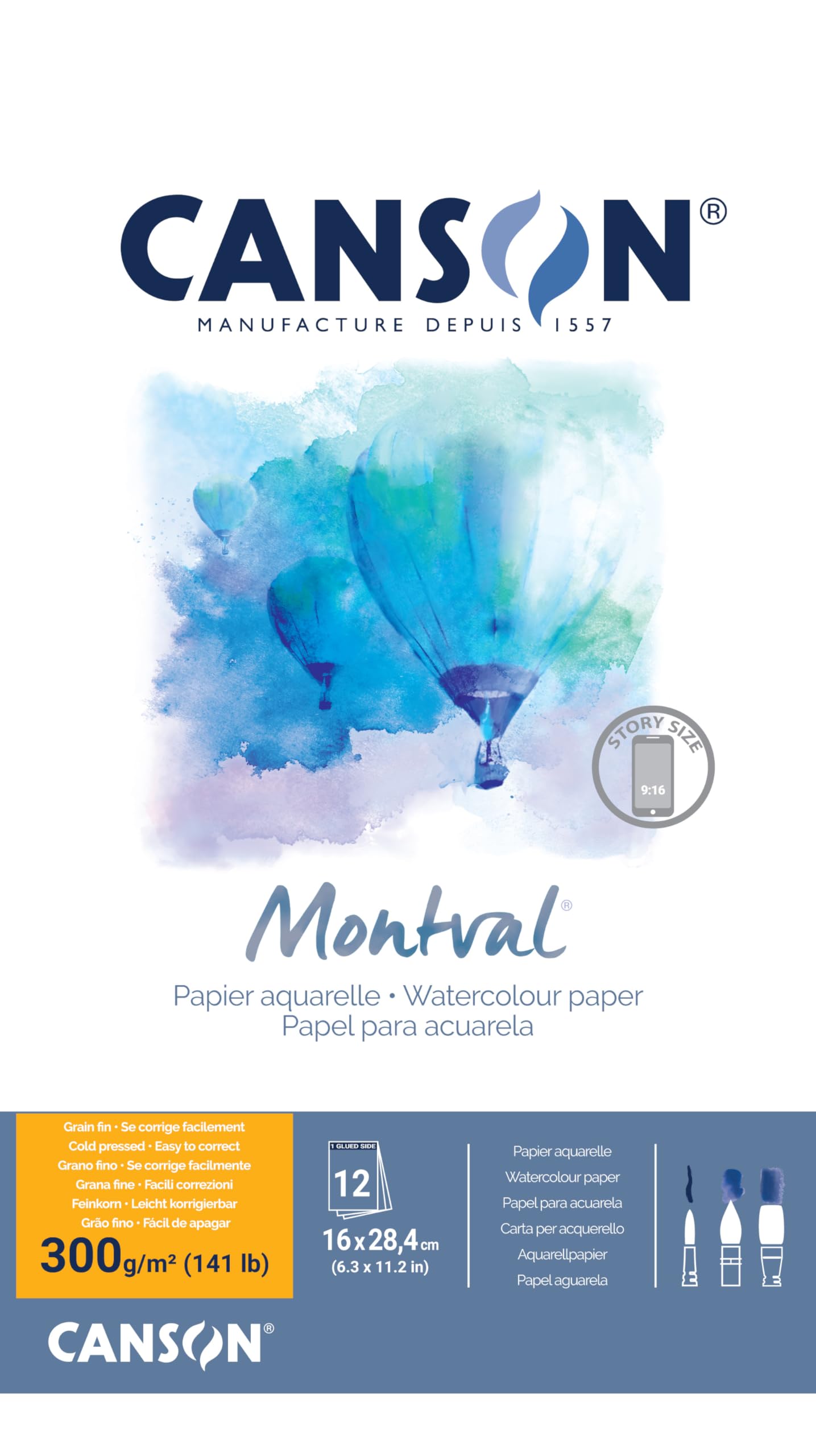 CANSON Montval Aquarellpapier, einseitig geleimter Block, feine Körnung, 300 g/m², 12 Blatt, 16 x 28,4 cm, naturweiß