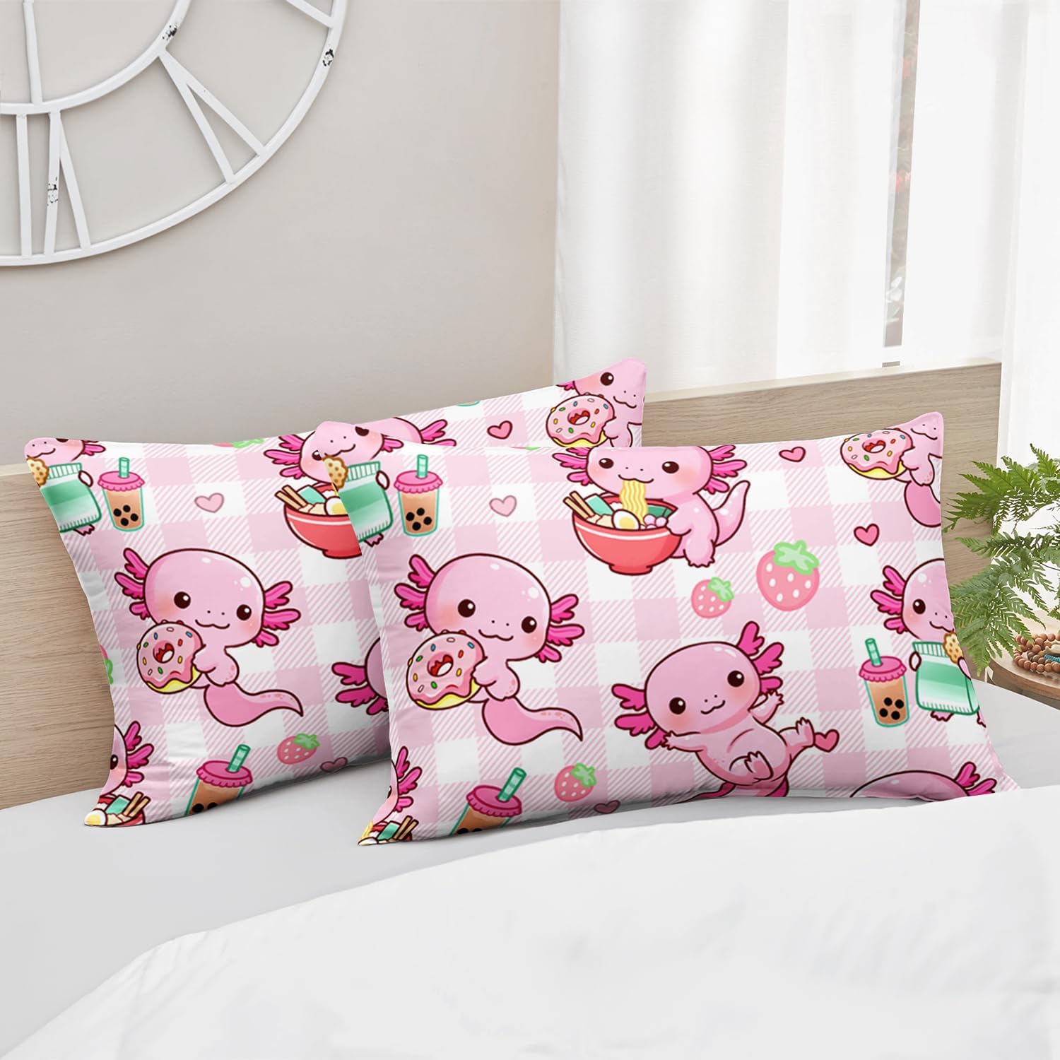 HOSIMA Axolotl Fitted Sheet Set Twin Size for Kids Girls,Pink Cartoon Axolotl Eat Dessert Printing Bedding Set Twin Size for Princess Bedroom Decor,1 Fitted Sheet+2 Pillowcases.