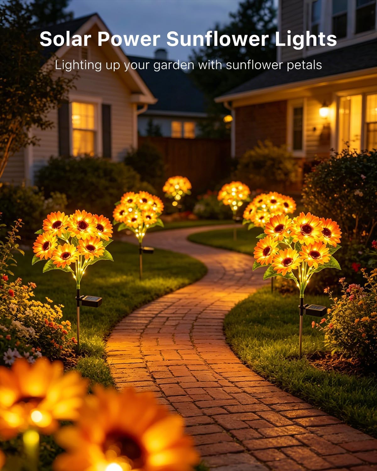 4 Pack Warm White Solar Powered Sunflower Lights, 6 Head LED Outdoor Waterproof Garden Flowers Petal Lighting Yard Decoration for Flower Beds, Planters, Patio, Birthday Gifts for Mom Women Grandma