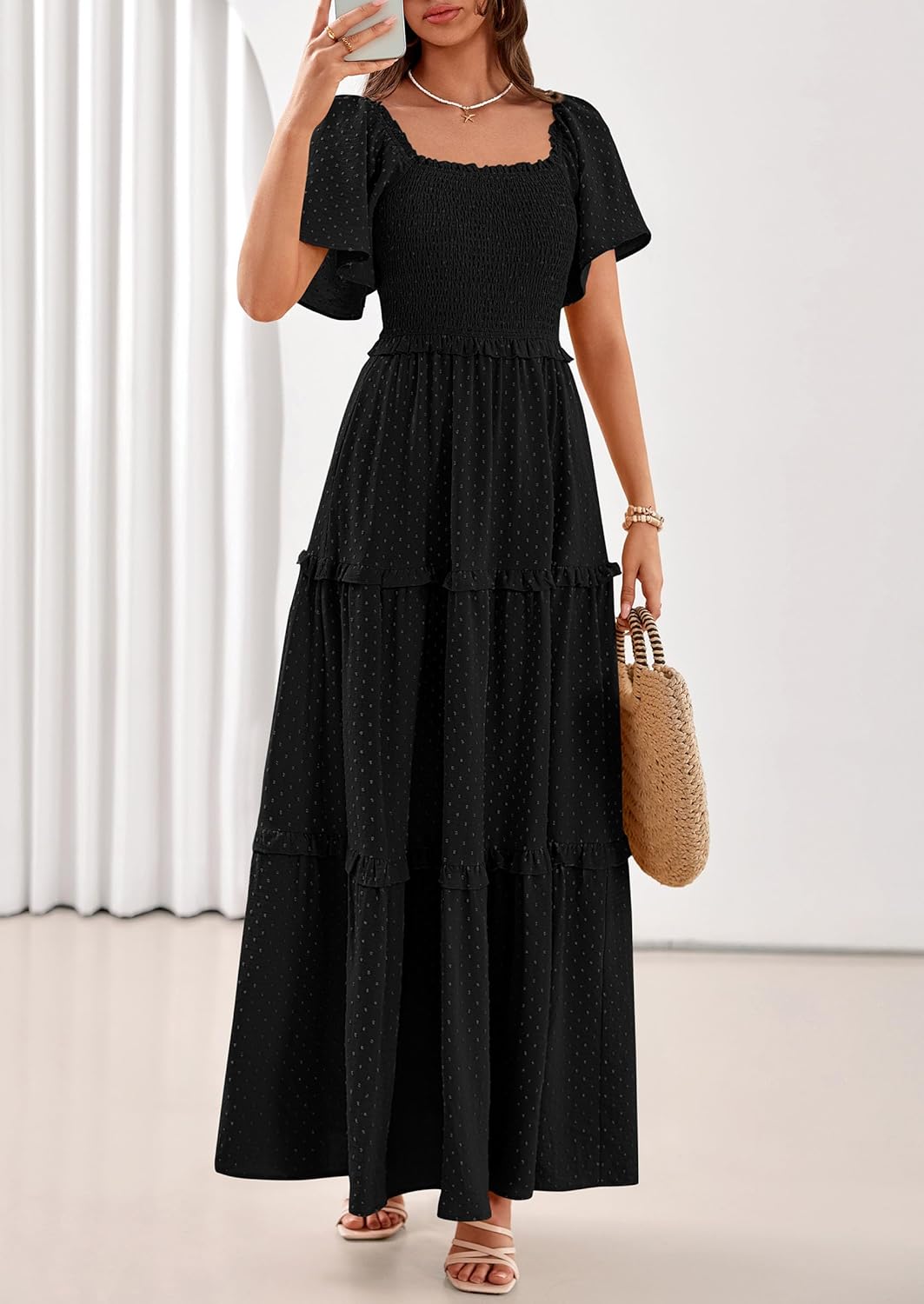 PRETTYGARDEN Summer Dresses for Women 2026 Boho Swiss Dot Smocked Square Neck Short Sleeve Spring Wedding Guest Maxi Dress - Image 7