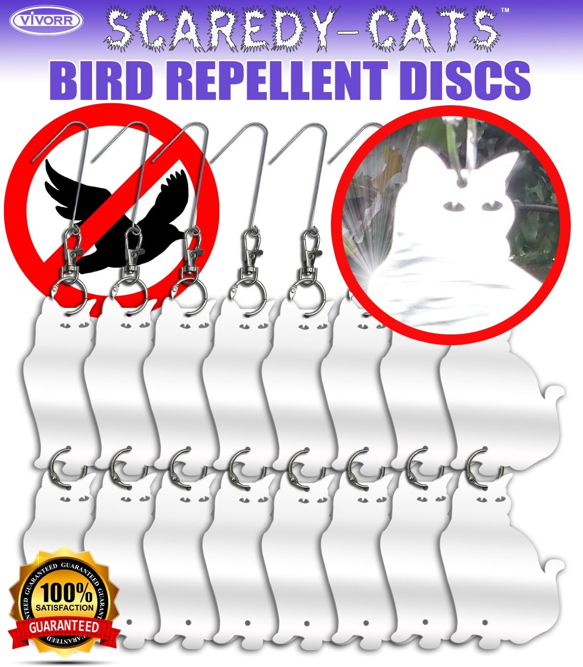 Vivorr Bird Repellent Reflective Discs, Cat Shaped Scaredy-Cats (16 Disks) Keep Birds Away Like Woodpeckers, Pigeons, Herons, Ducks & Other Pest Birds. an Attractive & Humane Bird Deterrent Device.