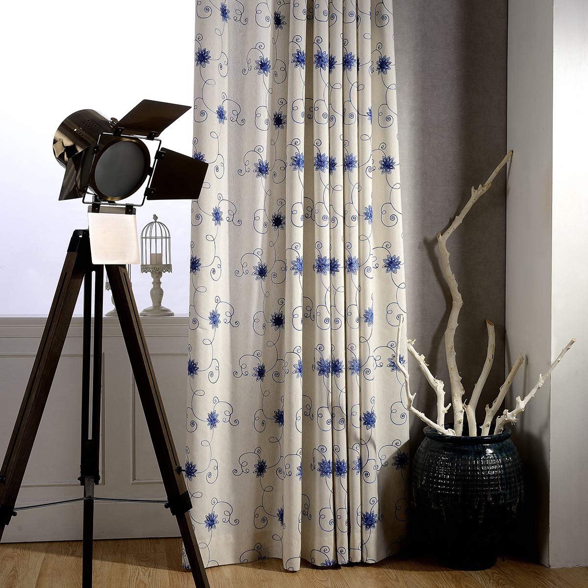 VOGOL Bedroom Curtains 96 Inches Long, Blue Floral Embroidered Elegant Window Treatments for Living Dining Room Top Grommet, 2 Pieces - Image 2