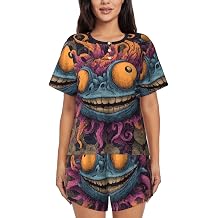 Smiling Monster Printed Pajama Set - Short Sleeve Top, Drawstring Shorts for Sleep Yoga Family Vacation