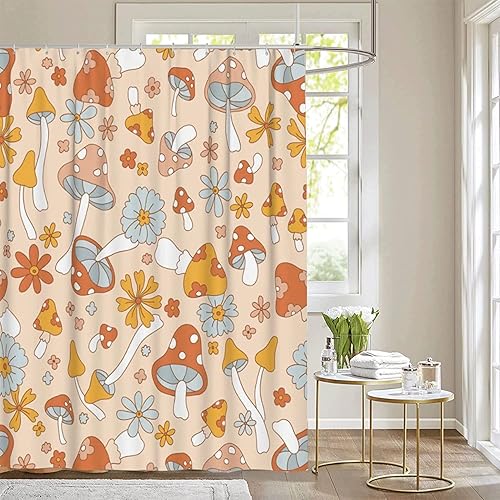 Cortina de ducha de hongo hippie retro para baño con 12 ganchos, bonito juego de cortinas de ducha bohemias para decoración de baño, 72 x 72