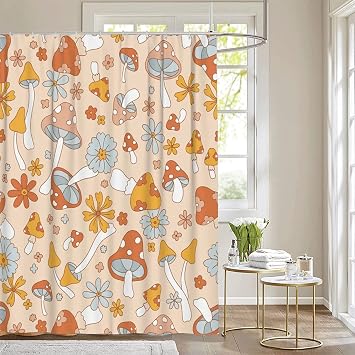 Retro Hippie Mushroom Shower Curtain for Bathroom with 12 Hooks, Cute Funky Boho Shower Curtains Set for Bathroom Decor 72x72 Inch Waterproof Fabric