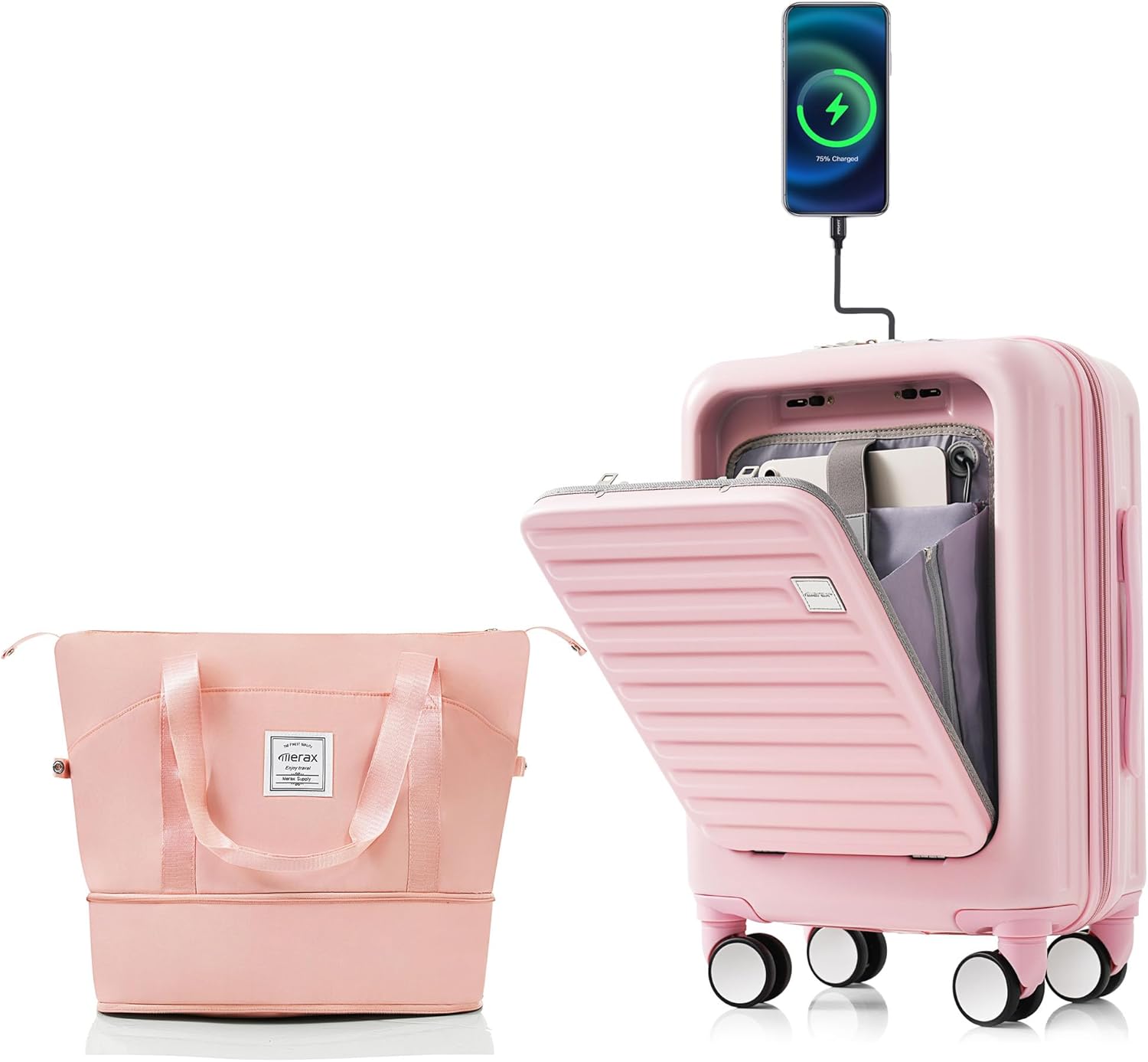 Carry-On Luggage with Cup Holder and USB Port with Cosmetic Carry On Bag and TSA