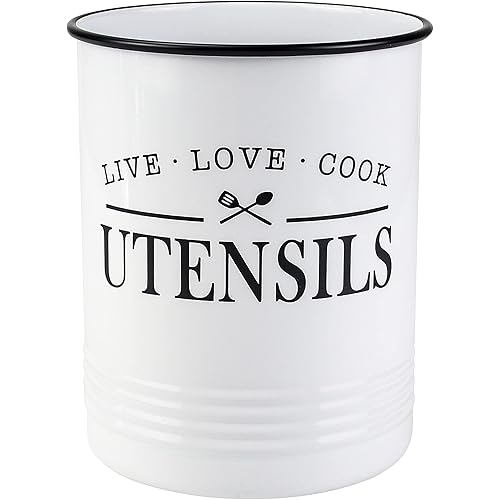 Karisky Kitchen Utensil Crock Holder for Countertop, 7 in Large Farmhouse Metal Utensil Caddy Organizer for Cooking Tools, White