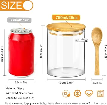 Yalucky Glass Jars with Airtight Lid and Spoon, Glass Food Storage Jars Containers, Overnight Oats Containers with Lids, Decorative Kitchen Jars for Coffee/Tea/Sugar/Spice, Bath Salt Containers 750ML