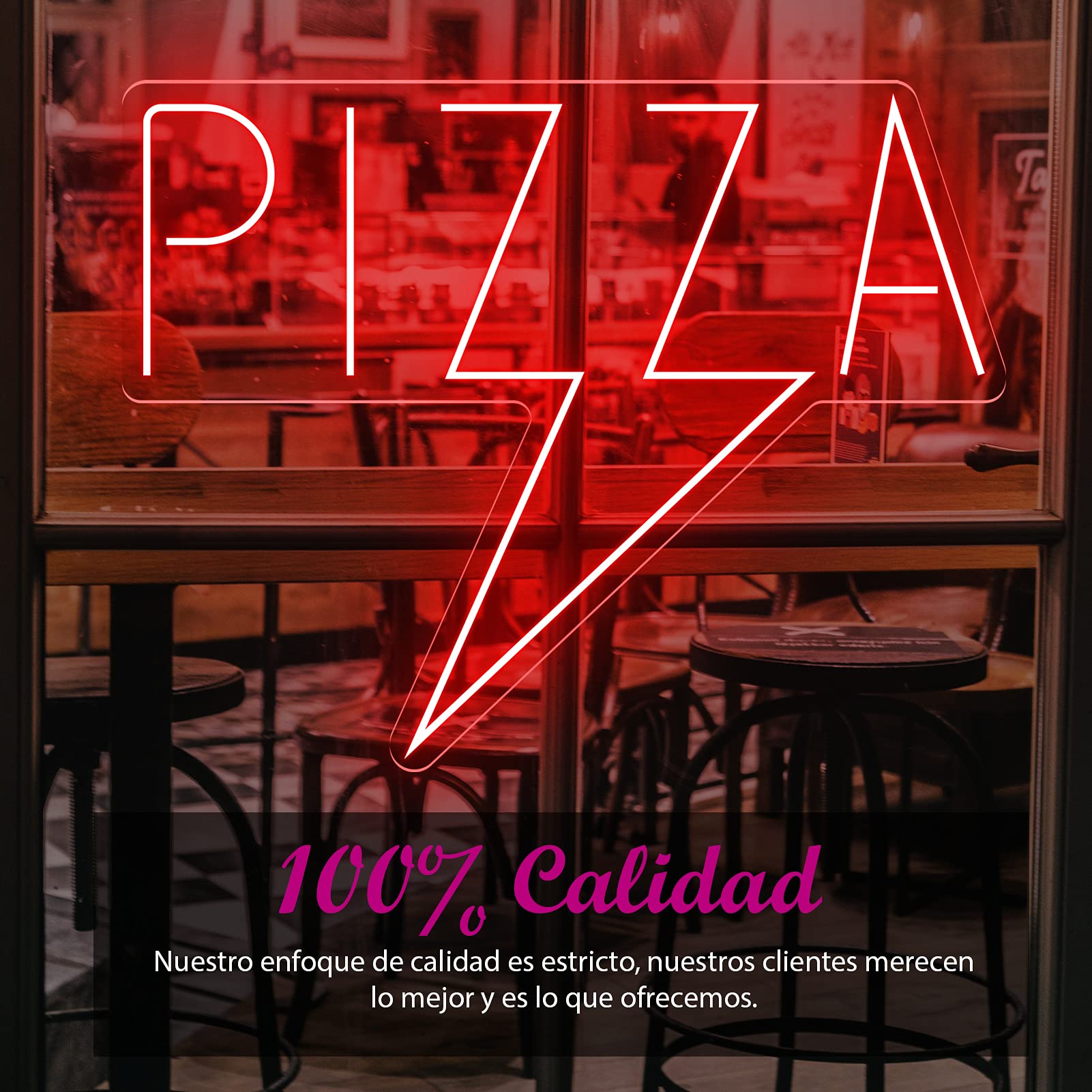 Neon Luces Pared Carteles Letrero Comida Restaurante Feliz -55cm - Personalizable - Multi modelos para elegir - Con Mando a la Distancia- Interior (Neón "Pizza Rayo")