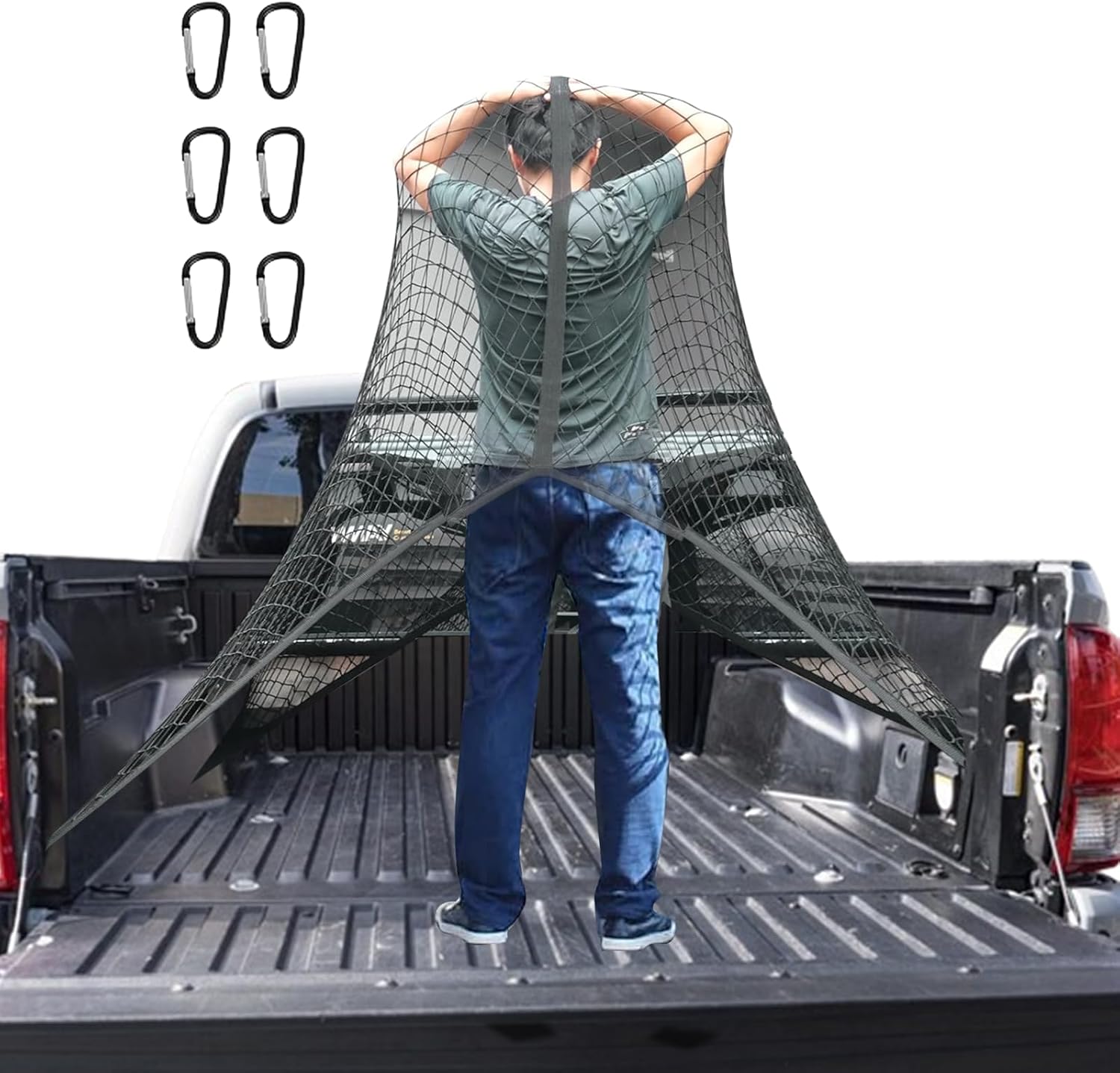 Highly Elastic Luggage Net, Truck Bed Organiser, 1.2 x 1.2 m Stretchable up to 2.1 x 2.1 m, Suitable for Daily Light Loads of Trucks, with 6 Metal Hooks for Trucks, Cars, Motorhomes (Single