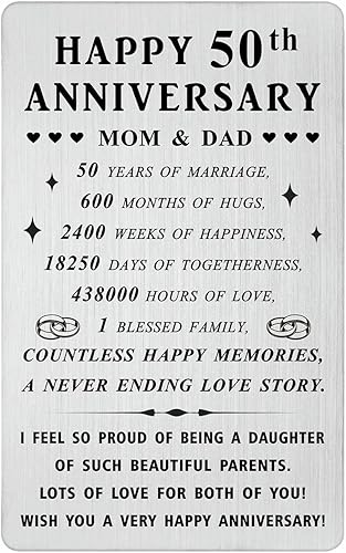 Laluminter Regalos de acero para padres de 50 años  Feliz 50 aniversario de boda, tarjetas grabadas para papá y mamá