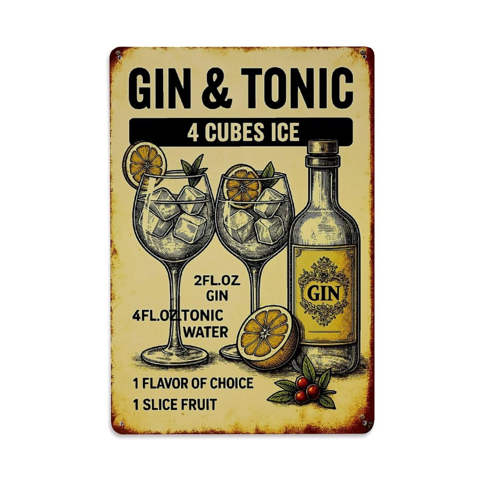 Gin And Tonic Recipe Art Vintage Tin Sign Retro Metal Wall Decor Metal Poster, Home Bar Garage Farmhouse Cafe Wall Art Decoration 8x12Inches