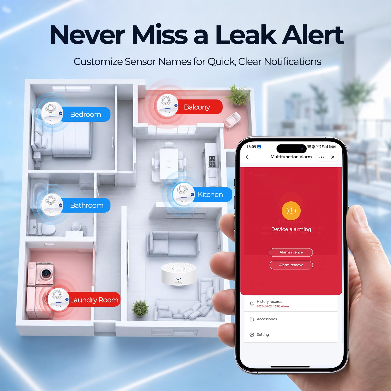 Rilevatore di perdite d'acqua, multipunto, allarme APP, sensore d'acqua wireless conforme allo standard IP67 e allarme gocciolamento per casa, cantina e bagno (4)