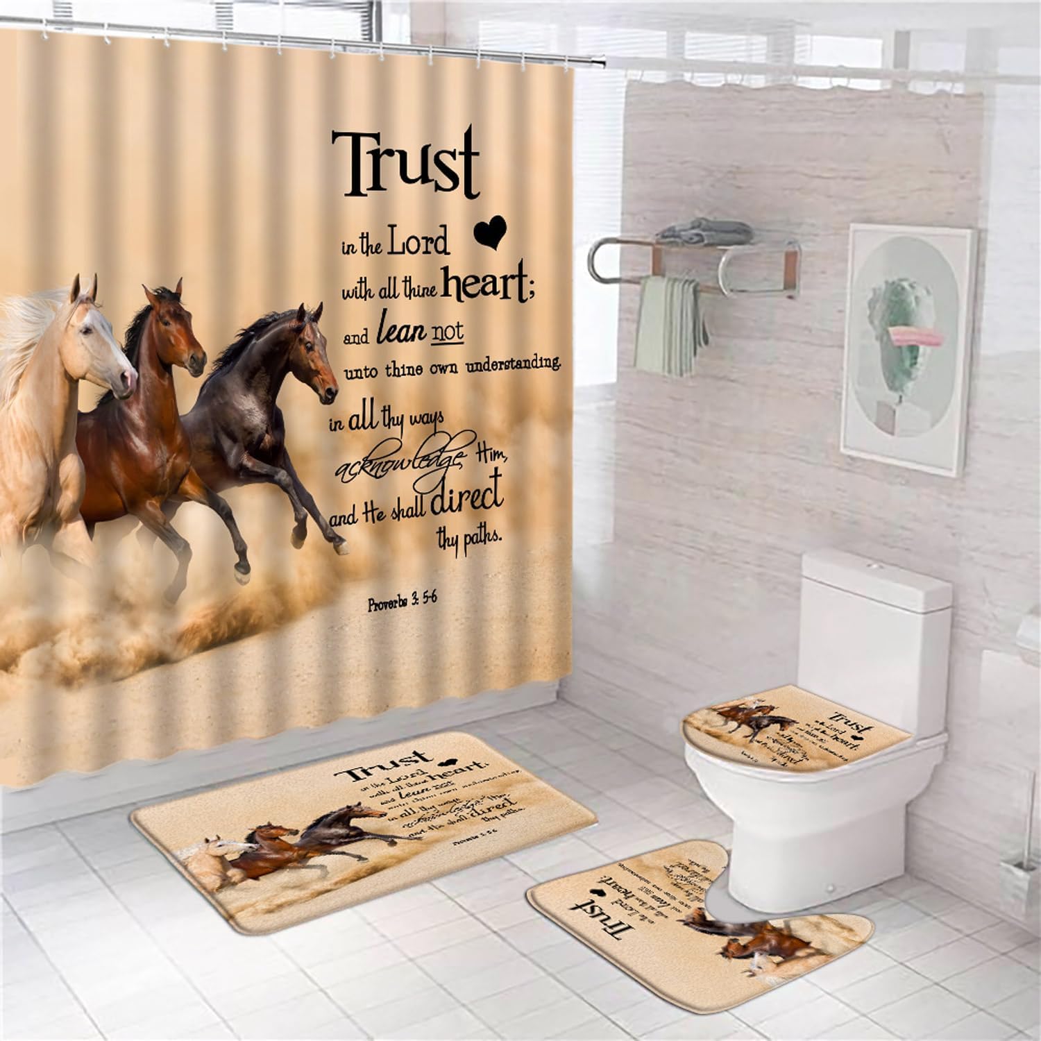 4Pcs Horse Shower Curtain Set Farm Animal Inspirational Motivational Quote Trust in The Lord with All Thine Heart Rustic Farmhouse Bathroom Toilet Lid Cover Non-Slip Rugs 12 Hooks