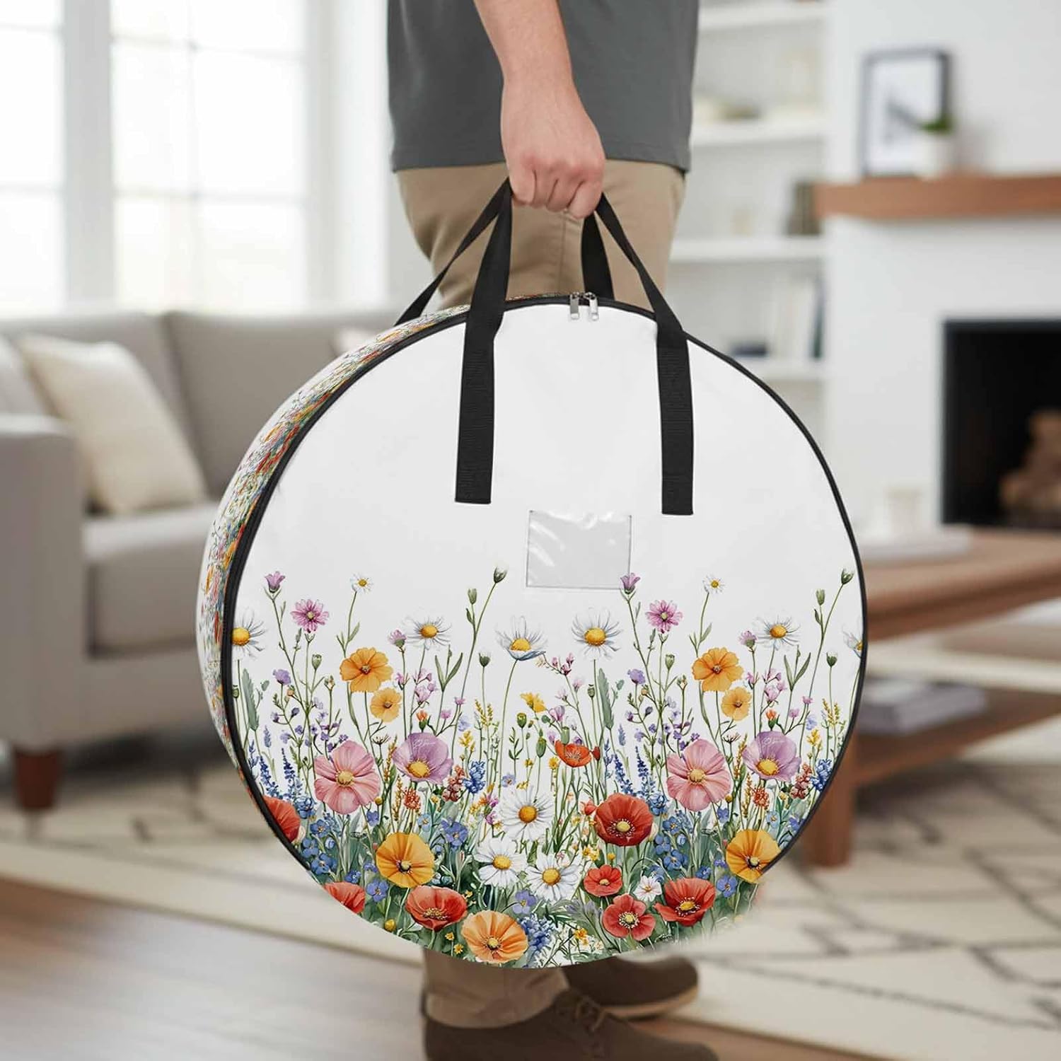 Spring Flower Round Storage Bag 36 Inch, Red Pink Orange Floral Leaves Natural Clothes Storage Container with Handles Heavy Duty Organizer for Comforter, Bedding & Holiday Wreaths