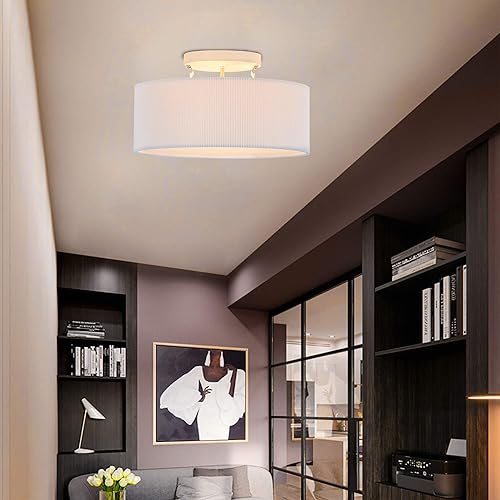 Miniatura 6 de SomSom Lámpara de techo, 15 pulgadas, moderna, de tela a rayas, montaje empotrado, pantalla de tambor grande, lámparas para dormitorios, cromo mate