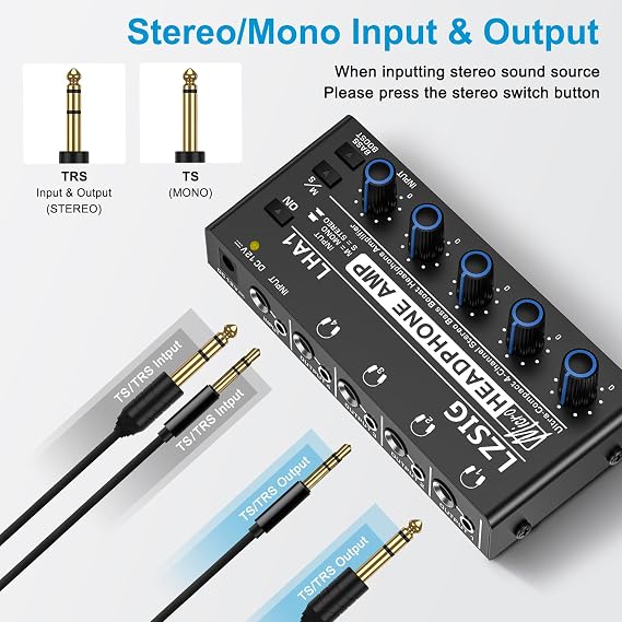 LZSIG Kulaklık Amplifikatörü 4 Kanallı Metal Stereo Ses Amplifikatörü, Güç Adaptörlü Mini Kulaklık Dağıtıcı, 1/4 inç ve 1/8 inç TRS Kulaklık Çıkışı ve Ses Mikseri için TRS Ses Girişi, DC 12V-LHA1
