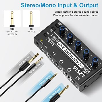 LZSIG Kulaklık Amplifikatörü 4 Kanallı Metal Stereo Ses Amplifikatörü, Güç Adaptörlü Mini Kulaklık Dağıtıcı, 1/4 inç ve 1/8 inç TRS Kulaklık Çıkışı ve Ses Mikseri için TRS Ses Girişi, DC 12V-LHA1