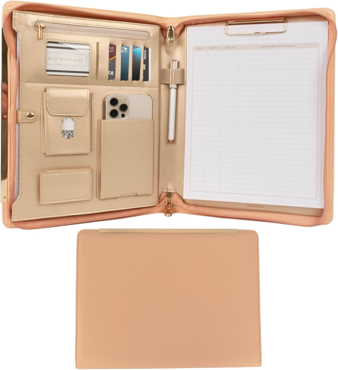 BLU MONACO | Peach Beige Vegan Leather Portfolio Binder for Women | Zipper Portfolio Binder with Gold Trim | Professional Business Portfolio with Zipper for 8.5 x 11 Documents