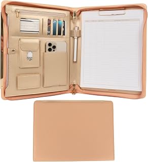 BLU MONACO Peach Beige Vegan Leather Portfolio Binder for Women - Professional Padfolio Work Organizer with Gold Trim, Zippered Business Case for Documents