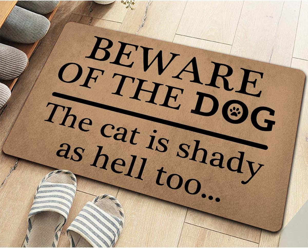 Funny Welcome Front Door Mats Indoor EntranceBeware of The Dog The Cat is Shady as Hell Too Personalized Monogram Kitchen Rugs and Mats with Anti-Slip Rubber Back Novelty Gift Mat(23.7 X 15.9 in)