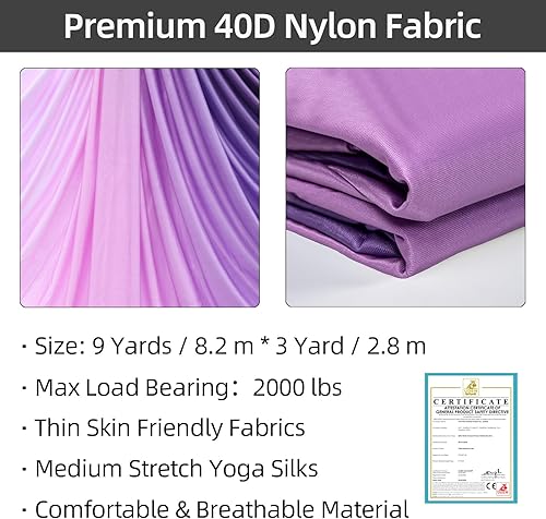 Miniatura 94 de PRIOR FITNESS Kit de seda aérea, colorido juego de hamaca de tela de nailon 40D de 9/15/20 yardas con herramientas y guía para todos los niveles