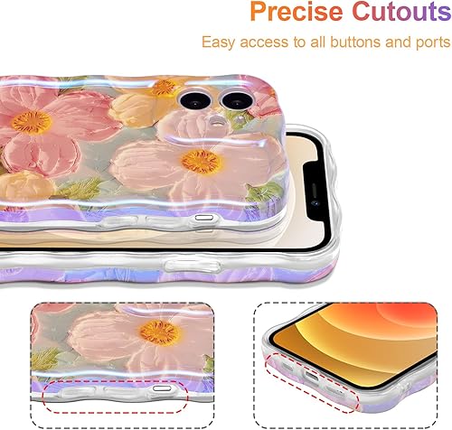 Miniatura 5 de EYZUTAK Funda para iPhone 12, colorida pintura al óleo retro impresa flor rayo láser patrón brillante lindo borde rizado ondas exquisita cubierta