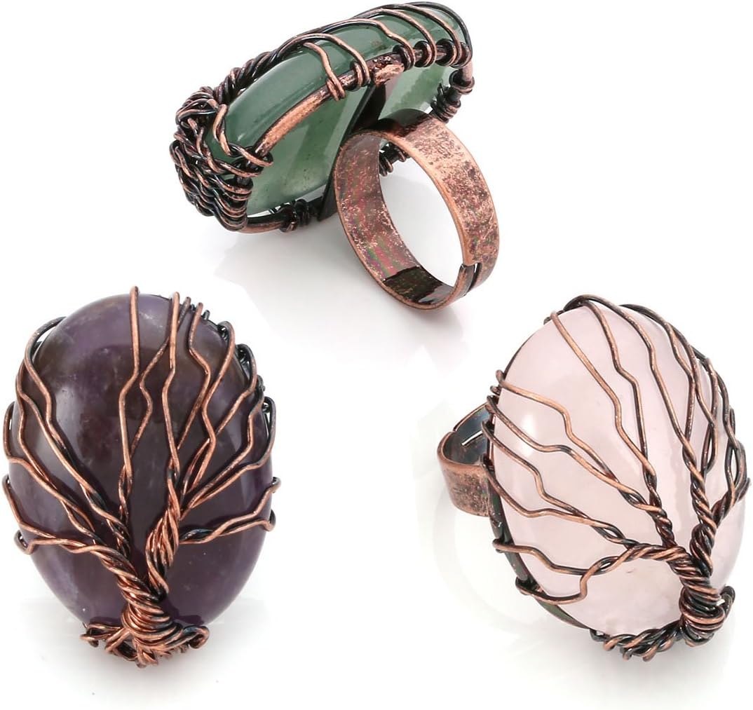 Top Plaza Handmade Retro Vintage Copper Wire Wrapped Life Tree Oval Gemstone Healing Crystal Adjustable Ring Bronze Band Size 6 7 8