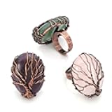 Top Plaza Handmade Retro Vintage Copper Wire Wrapped Life Tree Oval Gemstone Healing Crystal Adjustable Ring Bronze Band Size 6 7 8
