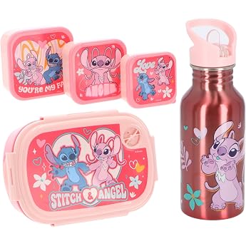 Stitch & Angel Kids Lunch Set - 5 Piece Lunch Box with Lunch Box 3 Snack Boxes & Water Bottle - Pink Set for Girls - Ideal for School Nursery & Trips