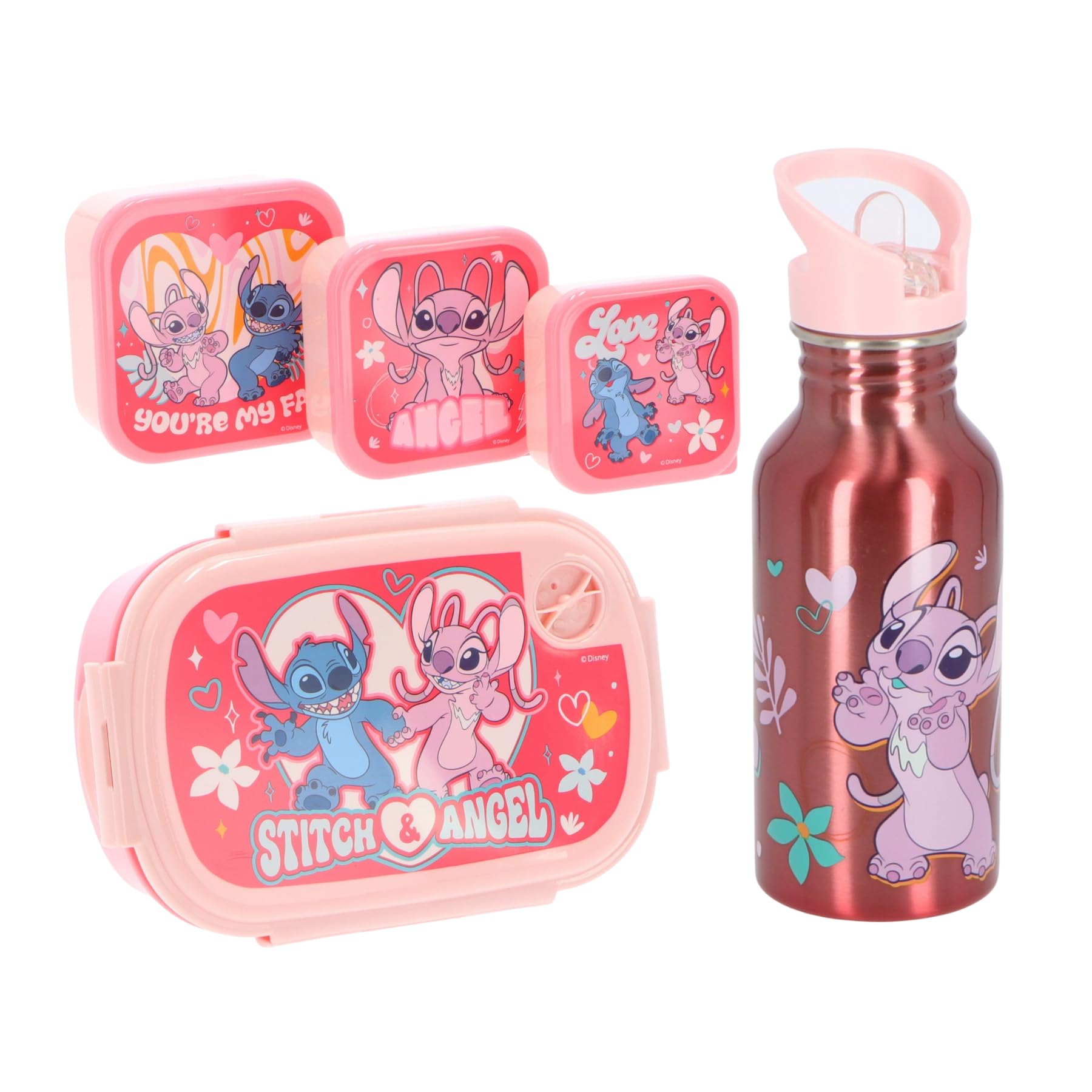 Stitch & Angel Coffret Déjeuner Enfant – Set 5 Pièces Avec Boîte à Lunch, 3 Boîtes Snack & Gourde – Rose – Idéal Pour L’École, La Crèche & Les Sorties