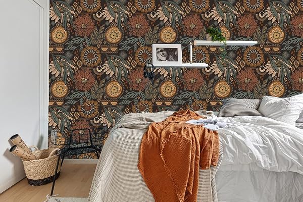 HAOKHOME Wallpaper Peel and Stick Floral Boho Brown/PeachPuff/Green Retro Wall Decor Bathroom Removable Mural 17.3in x 9.8ft by HAOKHOME - Image 2