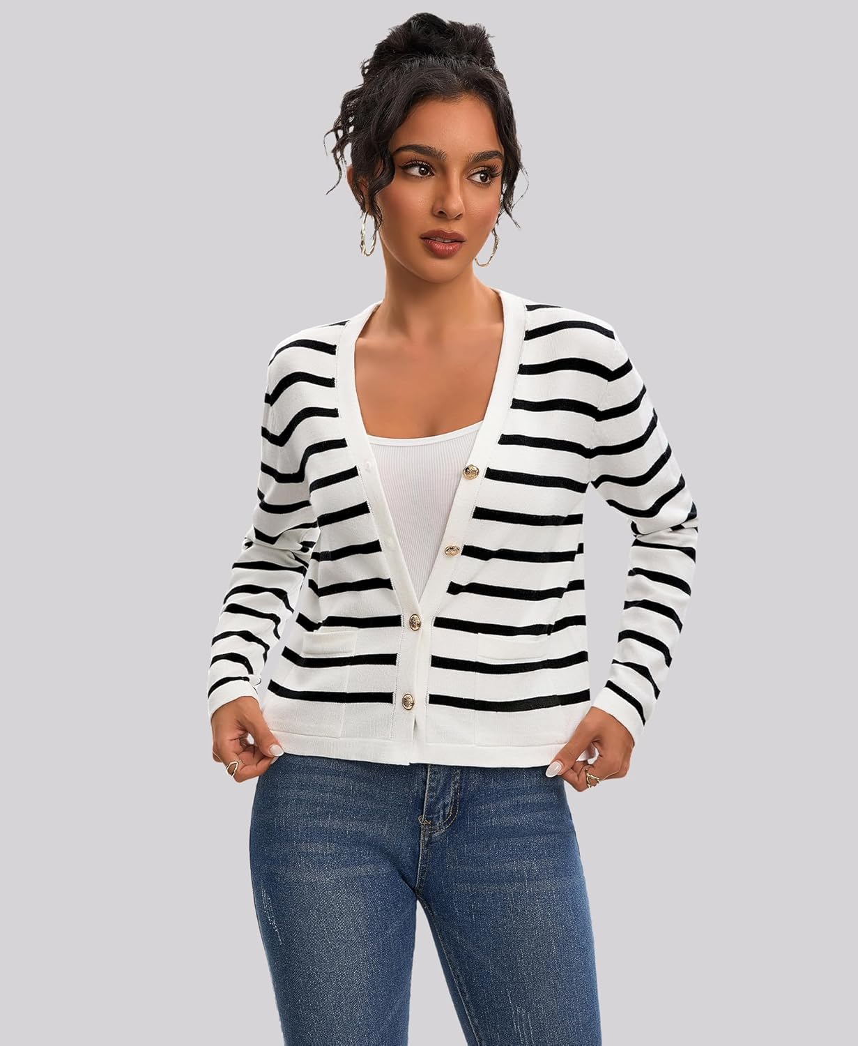 Women's Striped Cardigan Sweaters - Long Sleeve Button Down V Neck Knit Cardigans Classic Casual Tops for Women - Image 5