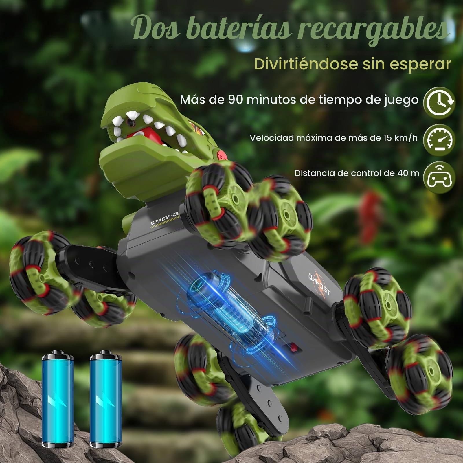 Kssvzz Coche Teledirigido Dinosaurio - 8WD 2.4Ghz RC Coche para 4 5 6 7 8 años de Edad los niños, 360 ° de rotación/Spray/Luz/Rugido, Cumpleaños (Verde)