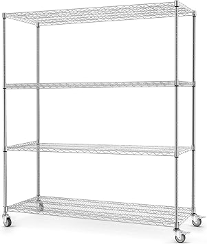 Heavy Duty Rolling Wire Shelving Unit with Wheels, 4-Tier Adjustable Garage Storage Shelves, 3200 lbs Capacity, 60"W x 24"D x 72"H, Commercial Metal Rack for Pantry, Kitchen, Restaurant, Silver