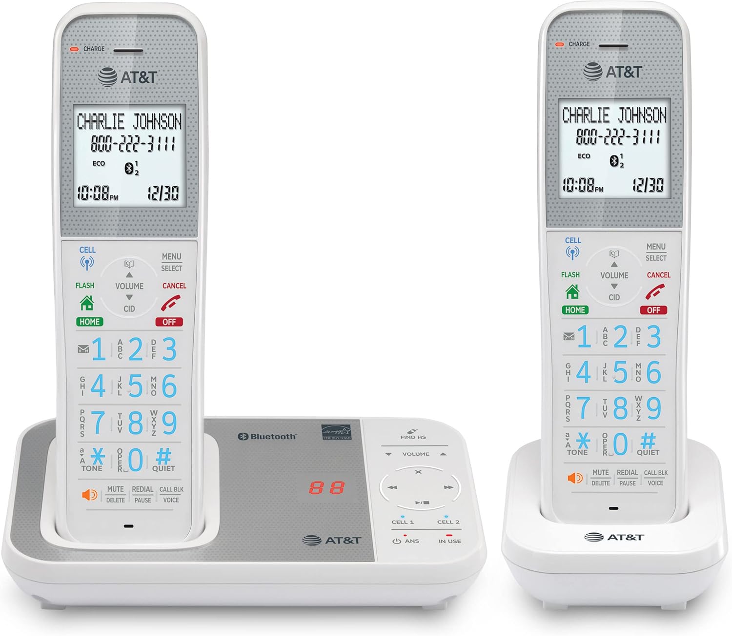 AT&T DAL75211 DECT 6.0 Cordless Home Phone with Smart Call Blocker, Bluetooth Connect to Cell, Digital Answering Machine, Full-Duplex Speakerphone, Expandable to 5 HS (White)