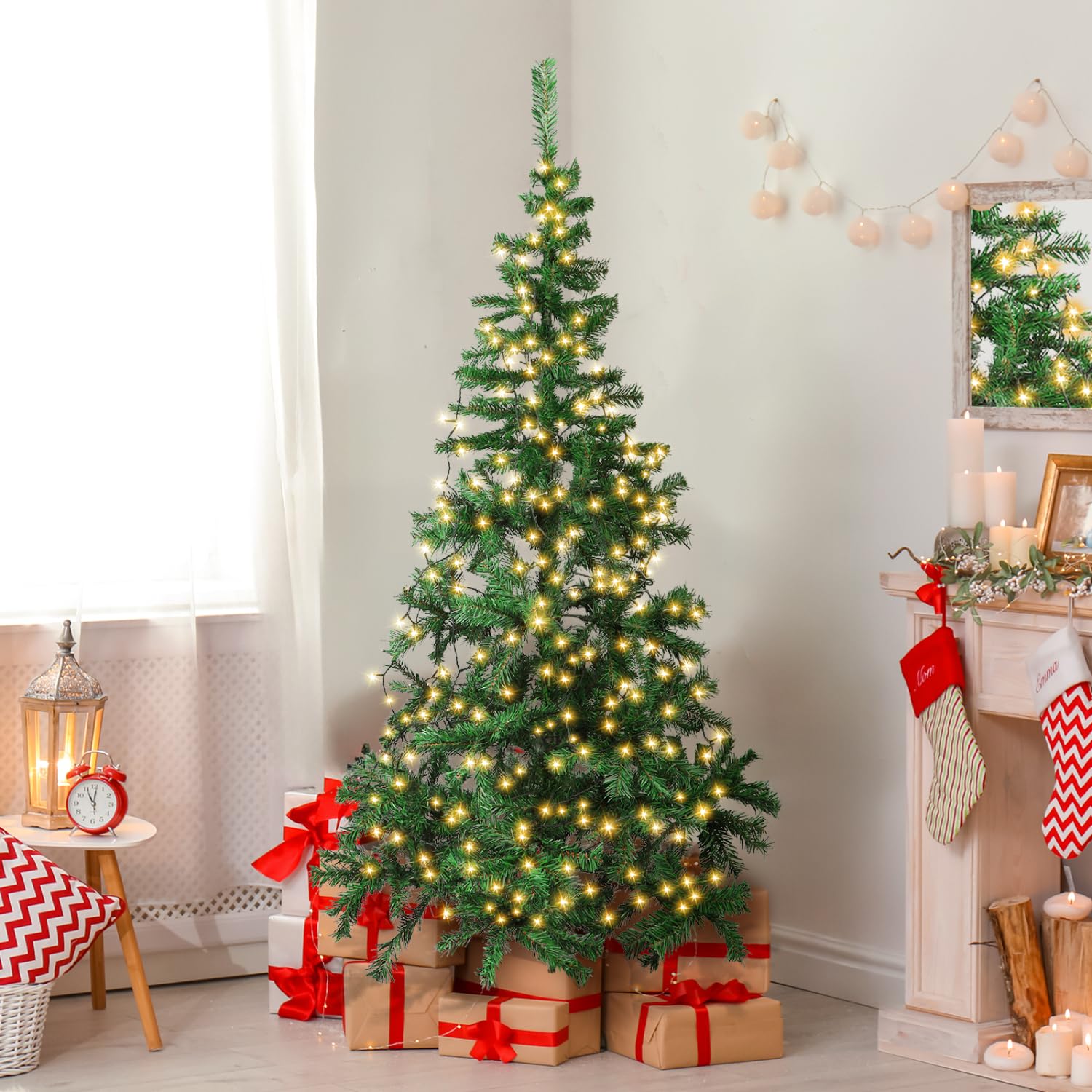 Aigostar Albero di Natale Artificiale da 150 CM,con Catena di Luci LED da 13 M,8 Modalità di Illuminazione,200 LED Bianco Caldo280 Rami,Colore Verde,Include Supporto in Metallo.
