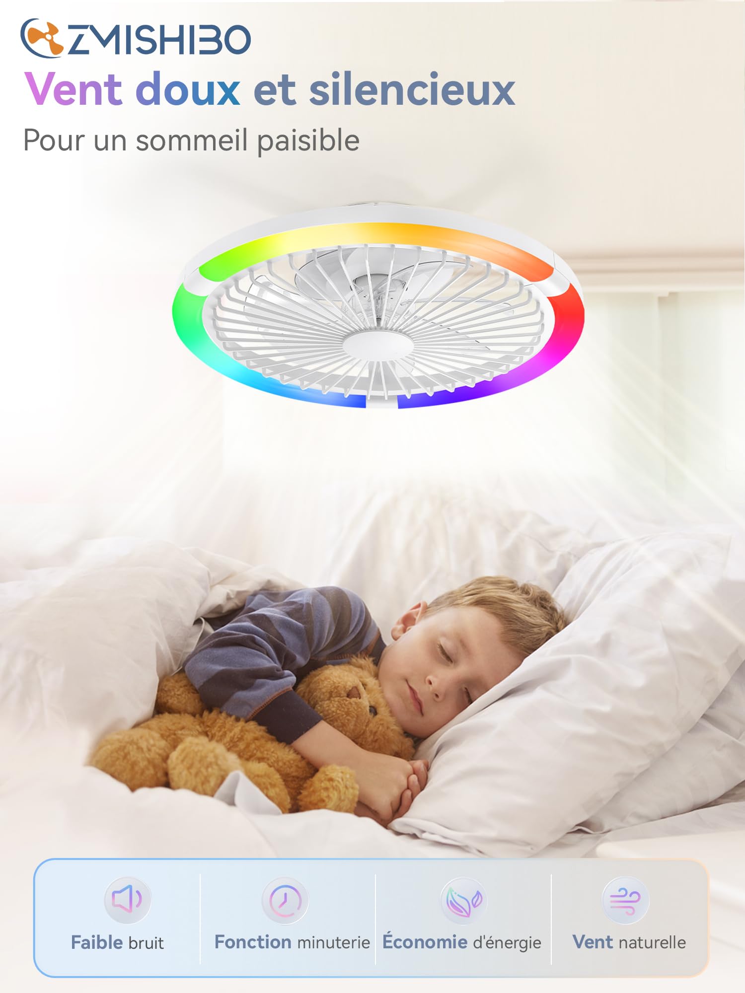 ZMISHIBO 50W Ventilateur de Plafond avec Lumière Ø50cm, 3 Couleurs, 6 Vitesses, Télécommande & Application, Mémoire, Luminosité Réglable 10-100%, Assemblage Requis (RGB)