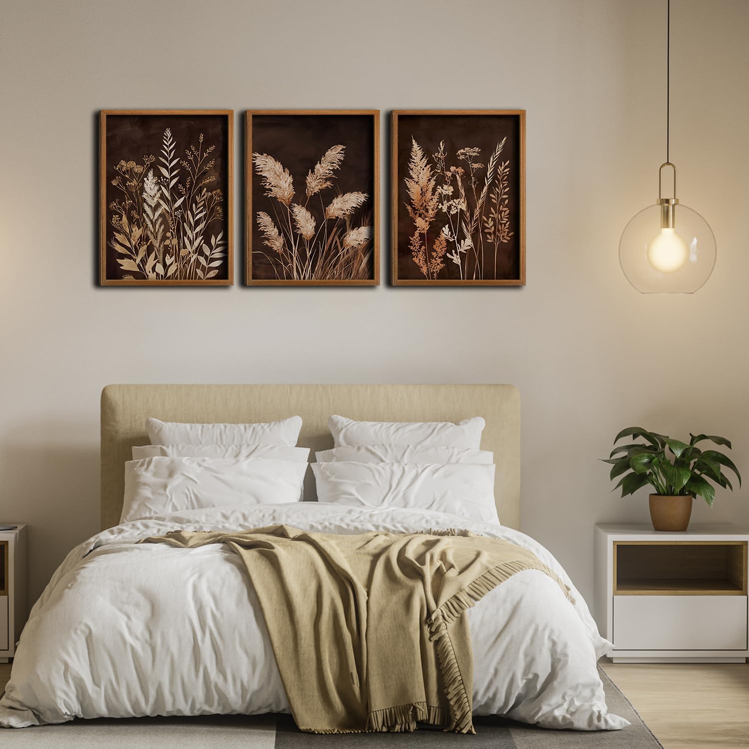 Boho Botanical Wall Art Set of 3 Framed Canvas Prints Pampas Grass Wall Decor Earth Tone Floral Posters Rustic Farmhouse Wall Art Pictures Modern Botanical Artwork for Living Room Bedroom 12x16 Inch image 5