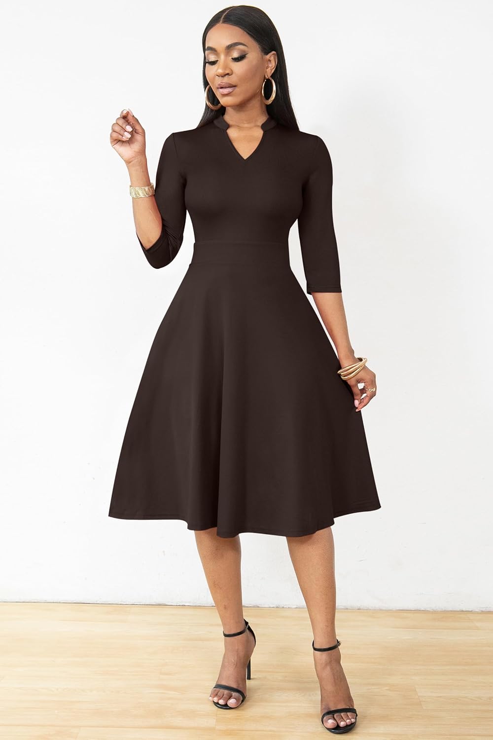 Nmoder Casual Dresses for Women Semi Formal Fit and Flare 3/4 Sleeve A-line Church Work Dress with Pockets - Image 3